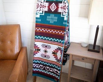 Alpaca Wool Queen Blanket – Turquoise Southwestern Design | Handmade Wool Blanket from Ecuador