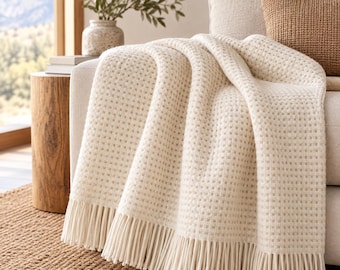 Alpaca Throw Blanket – Waffle Weave – Cream | Soft Handmade Peruvian Alpaca Wool Throw Blanket