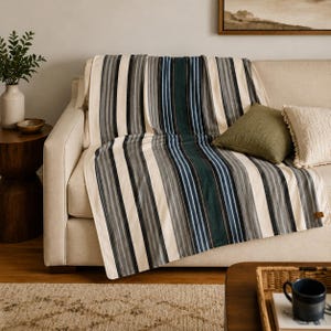 Könnte beinhalten: Eine Wohndecke mit vertikalem Streifenmuster in den Farben Creme, Anthrazit, Schieferblau und Dunkel-Türkis. Die Decke liegt auf einem hellbeigen Sofa, ergänzt durch ein unifarbenes olivgrünes Kissen und ein strukturiertes cremefarbenes Kissen.
