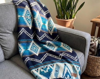 Handmade Alpaca Wool Blanket – Cobalt Blue Geometric Throw | Bold Southwestern Wool Blanket