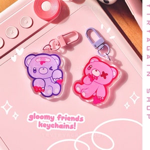 Gloomy friends Keychains! Cute Emo Bear 2 inch Clear Acrylic Keychains - Epoxy double sided anime fanart charm