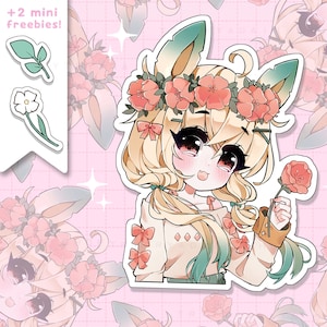 Puede incluir: Una ilustración de dibujos animados de un lindo personaje de anime con cabello rubio, usando una corona de flores y un suéter marrón claro. El personaje sostiene una sola flor roja. El fondo es un patrón rosa y blanco.