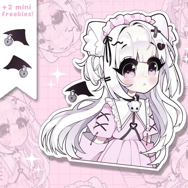Pastel Goth Lolita Catgirl 'Pink Dark Mode May' Anime Girl Paquete de pegatinas de vinilo impermeables - pegatinas kawaii laminadas