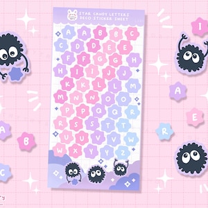 Folha de adesivos de letras do alfabeto Star Candy - adesivos de polco para diário de marcadores e planejador de anime bujo