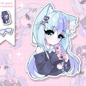 シャイな青い猫の女の子のビニールステッカーパック - ラミネート加工されたかわいいステッカー