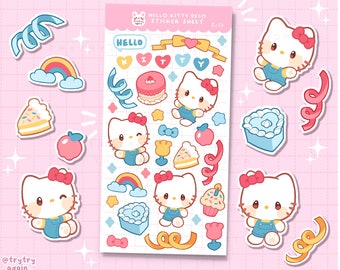 May include: A sticker sheet featuring Hello Kitty in various poses and designs. The sheet includes a rainbow, cake, and other cute elements. The text "HELLO KITTY DECO STICKER SHEET" and "TRYTRY AGAIN SHOP" are also included.