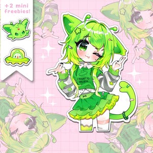 Puede incluir: Un juego de pegatinas con un personaje alienígena verde de estilo anime con el texto "I WANT TO BELIEVE" en la camiseta. El juego incluye dos mini pegatinas gratuitas de un alienígena y un OVNI. El fondo es rosa con un patrón repetido.