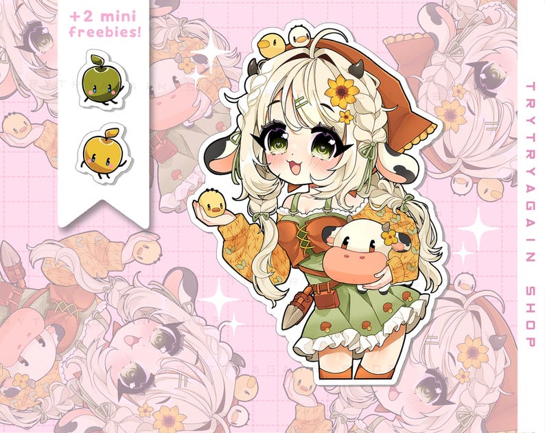 May include: A colorful sticker featuring an anime-style cowgirl character holding a cow plushie. The cowgirl has blonde hair, green eyes, and wears a green dress with orange accents. Two apple stickers and the text "+2 mini freebies!" are also visible.