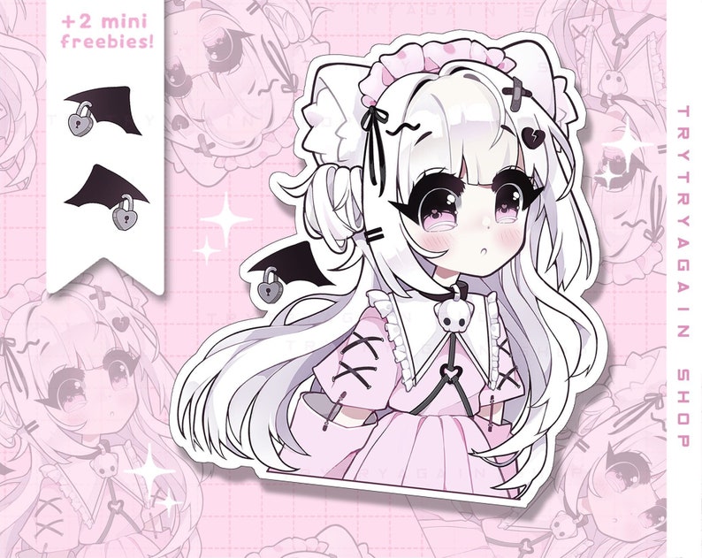 K&ouml;nnte beinhalten: Ein Aufkleber mit einem niedlichen Anime-Charakter mit langen wei&szlig;en Haaren, der ein rosa Kleid mit einem Totenkopf- und Knochenkreuz-Design tr&auml;gt. Der Charakter hat gro&szlig;e Augen und einen rosa Rouge. Der Aufkleber befindet sich auf einem rosa Hintergrund mit dem Text "TRY TRY AGAIN SHOP".