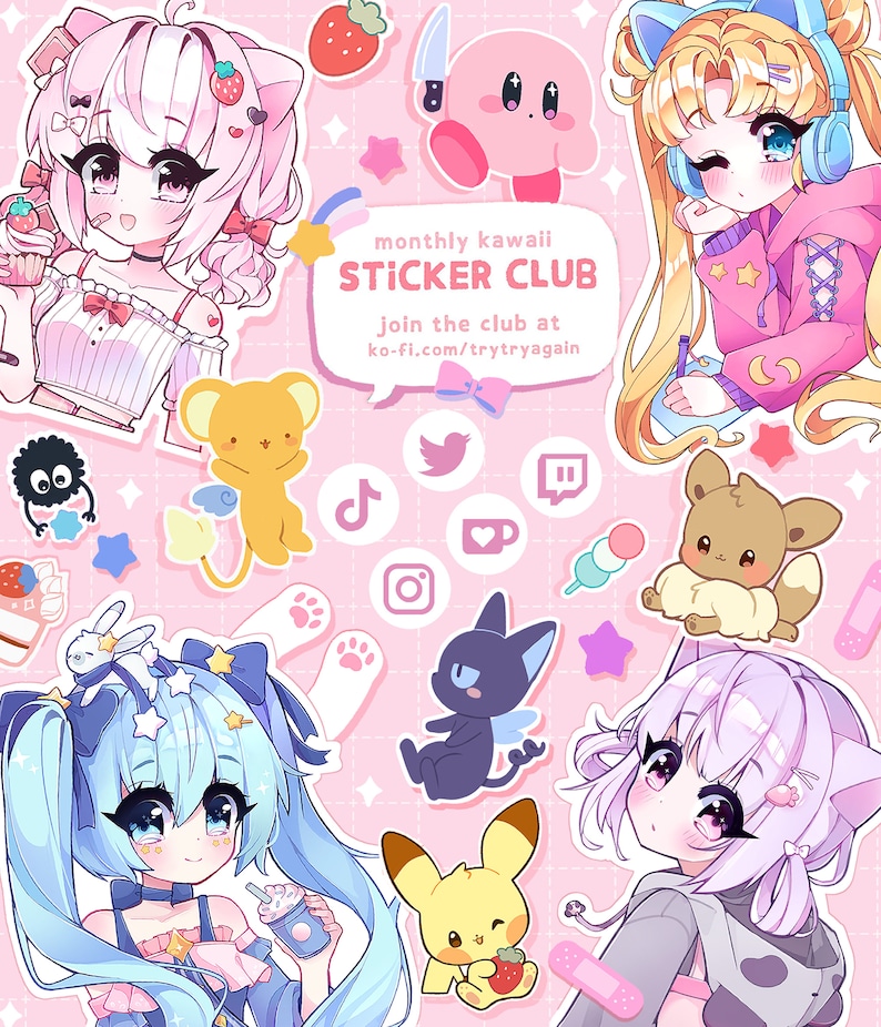 May include: A pink background with a variety of kawaii stickers featuring characters, animals, and social media icons. The text "monthly kawaii STICKER CLUB join the club at ko-fi.com/trytryagain" is displayed in the center of the image.