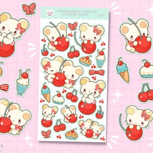 May include: A sticker sheet featuring adorable cartoon bears with cherries, bows, and desserts. The bears are white with tan ears and wear red bows. The sheet includes images of cherries, ice cream, and pie on a pink grid background. The text "TRYTRYAGAIN SHOP" is visible.
