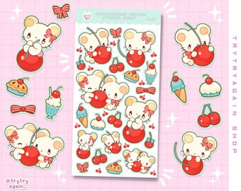 Kawaii Cherry Mouse Glossy Stickers: Bujo Planner Stickers
