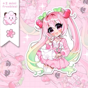 Puede incluir: Una pegatina rosa de estilo anime con un personaje de pelo largo rosa, accesorios para el pelo con forma de cereza y un vestido rosa. Incluye dos mini regalos: un personaje de dibujos animados rosa y una flor rosa. El texto "TRYTRYAGAIN SHOP" está impreso verticalmente.