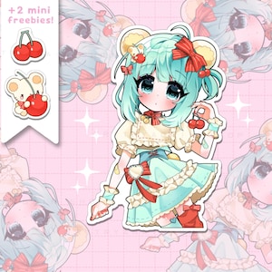Puede incluir: Un conjunto de pegatinas con un lindo personaje de estilo anime con cabello turquesa y un tema de cerezas. El personaje lleva una blusa color crema y una falda azul claro con lazos rojos. Incluye pegatinas de cerezas y un oso.