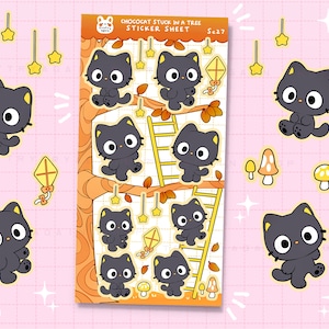 Hoja de calcomanías brillantes de gato negro en un árbol de otoño: pegatinas de Polco para agenda y bullet journal con forma de estrella y cometa