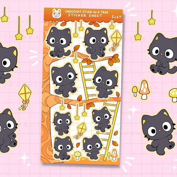 Black cat in an Autumn Tree Glossy Sticker sheet - star and kite bujo bullet journal and planner polco stickers