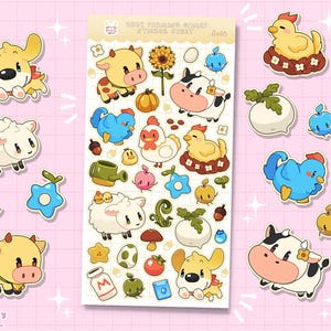 May include: A sheet of stickers featuring cute farm animals and elements. The stickers include a yellow dog, cows, sheep, chickens, and various fruits and vegetables. The stickers are in a cartoon style with a pink background.
