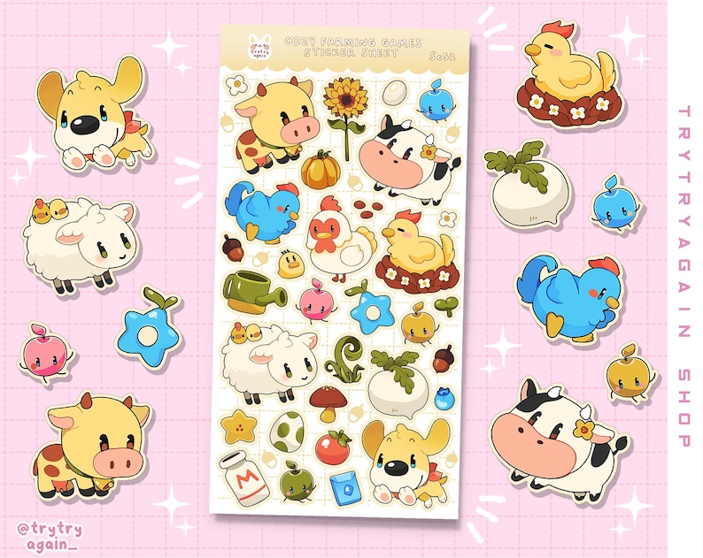 May include: A sticker sheet with cartoon farm animals and elements. The stickers include a yellow dog, cows, sheep, chickens, and various fruits and vegetables. The stickers are in a cartoon style with a pink background.