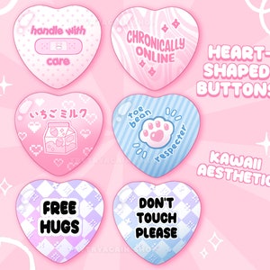 Botões de alfinetes estéticos em forma de coração Kawaii - provérbios fofos de 2,25 polegadas / emblemas de coração pastel com tema de palavra