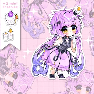 May include: A sticker featuring a cute anime-style character with long, lavender hair and a candle on its head. The character wears a black and gray outfit and a pink dress. Two mini freebie stickers of candles are also included.