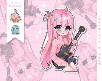 May include: A die-cut sticker featuring an anime-style character with long pink hair, wearing a light pink jacket and holding a black electric guitar. The character has large blue eyes and small hair accessories. Includes two mini freebies: a ghost in a box and a blue ghost.