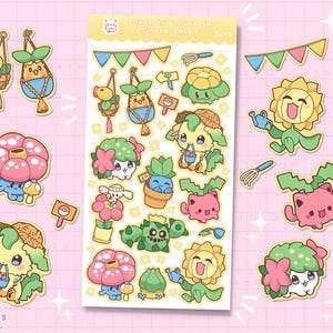 May include: A sticker sheet featuring various cartoon plant characters in a cute, colorful style. The stickers include images of flowers, hanging plants, and other botanical elements. The sheet has the text "Pokemon Flower Shop" and "Try Try Again Shop".