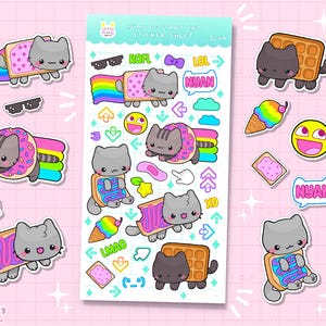 May include: A sticker sheet featuring various cartoon cat designs with rainbow, waffle, donut, and Pop-Tart themes. The stickers include text bubbles with phrases like "NYAN", "LOL", and "ROFL". The background is light pink with small star and diamond shapes.