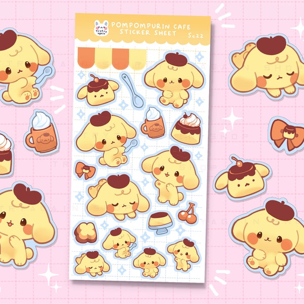 Pudding Puppy Cafe Glossy Sticker sheet - bujo bullet journal and planner polco stickers