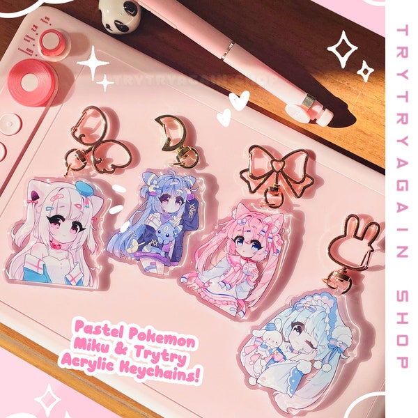Pastel Friends 2.5 inch Clear Acrylic Keychains - Umbreon / Sylveon / Snow Miku 2023 / Trytry - Epoxy double sided anime fanart charm Gift