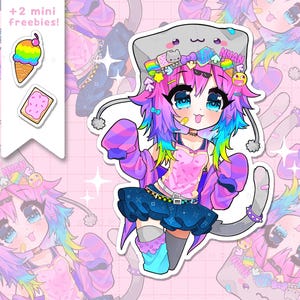 Puede incluir: Una colorida pegatina de estilo anime con un personaje de pelo arcoíris, ojos azules y un gorro con orejas de gato. El personaje lleva un top rosa, una falda azul y una chaqueta morada. Incluye dos mini regalos: un helado y una pastelería.