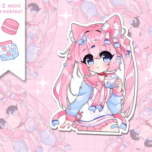 Puede incluir: Un personaje de estilo anime rosa y azul con orejas de gato y coletas que sostiene un cartón de leche. El personaje lleva un atuendo de marinero azul y blanco con un lazo rosa. El fondo es un patrón de cuadros rosa y blanco.