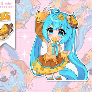 Cheese Miku - design original de Miku - Pacote de adesivos de vinil à prova d'água - adesivos laminados recortados de garotas de anime kawaii