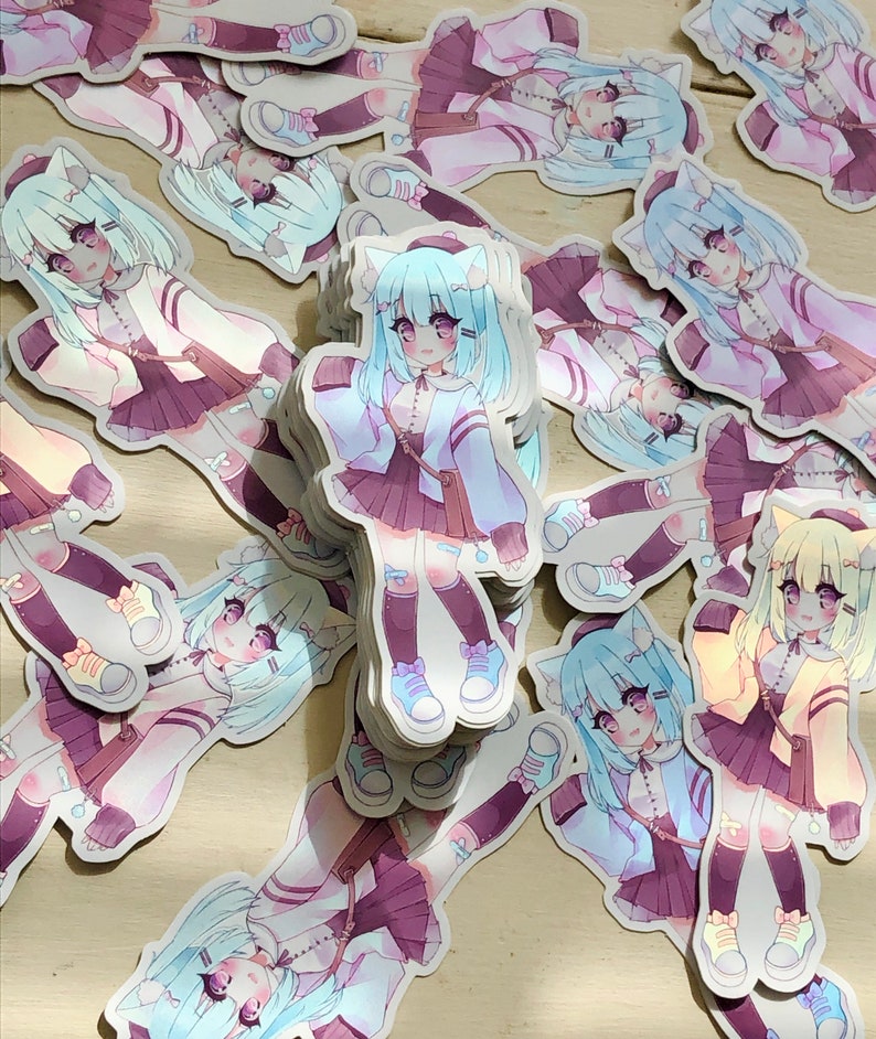 Kawaii Anime Girl Holographic Vinyl Sticker Set by Trytryagain Etsy