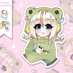 Rainy Day Froggy Anime Girl Waterproof Vinyl Sticker pack - laminated kawaii stickers