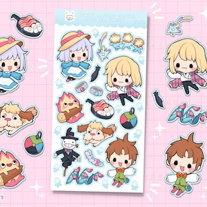 May include: A sticker sheet featuring various cartoon illustrations of characters from a popular animated film. The stickers include characters with blonde and purple hair, wearing colorful outfits, and holding various objects. The background is light pink with star accents.