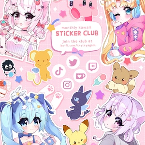 May include: A pink and white illustration featuring several anime-style characters and stickers. The text "monthly kawaii STICKER CLUB" is displayed. Various social media icons and a website address are also included.