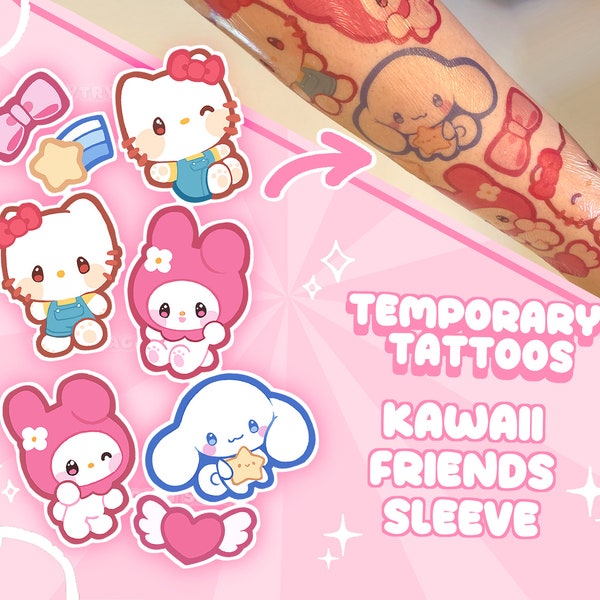 Kawaii Friends tatouage temporaire - faux tatouage étanche - kawaii lapin et chat anime tatouages esthétiques