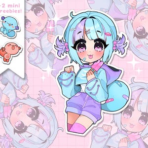 Puede incluir: Una pegatina con una niña de dibujos animados con cabello azul y morado, que lleva una chaqueta azul, pantalones cortos morados y calcetines rosas. Ella sostiene una paleta de hielo y tiene una expresión linda en su rostro. La pegatina está sobre un fondo rosa con estrellas y el texto "TRY TRY AGAIN SHOP".