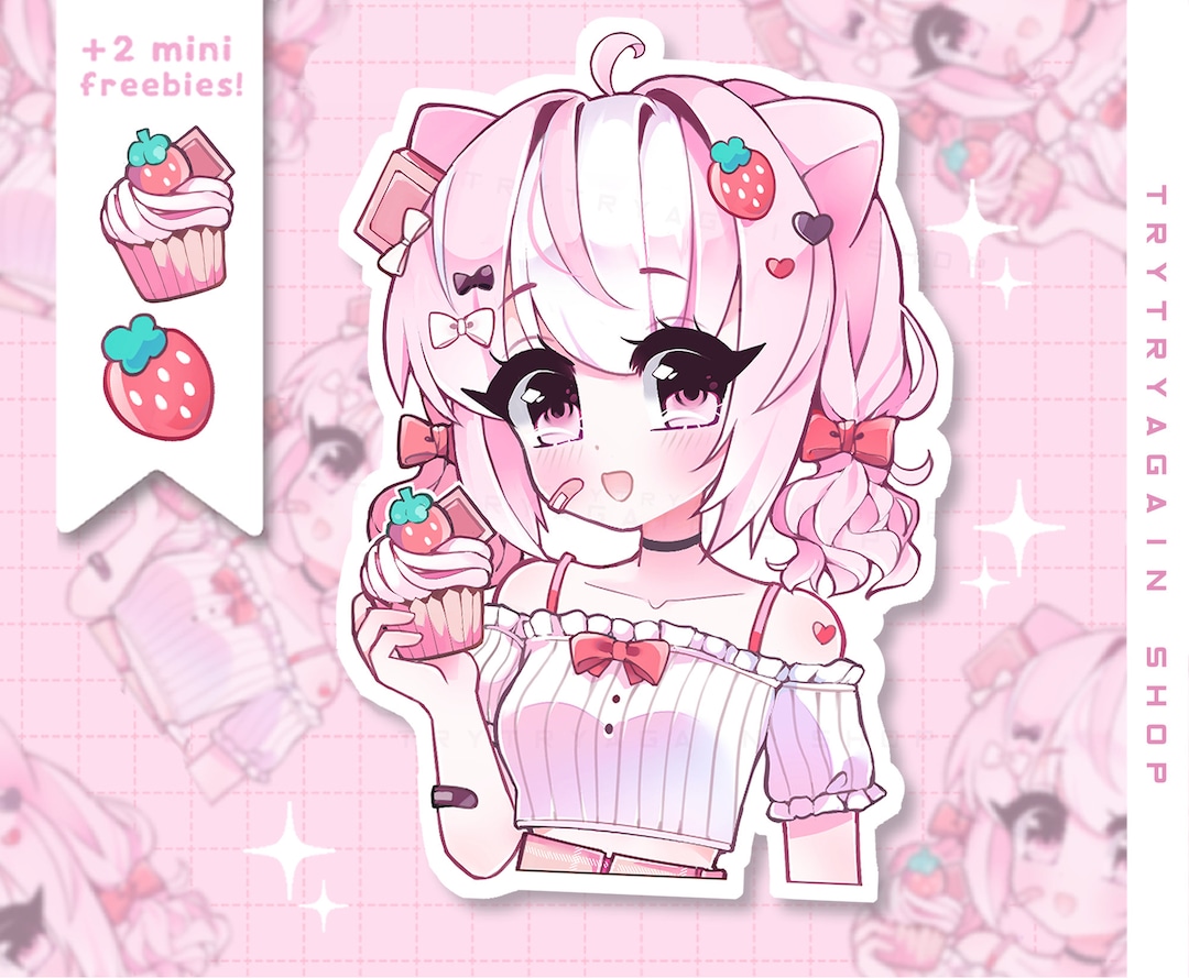 Pink Strawberry Cupcake Anime Girl Waterproof Vinyl Sticker - Etsy