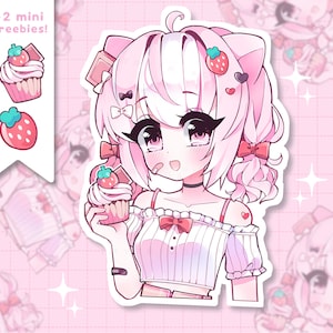 Paquete de pegatinas de vinilo impermeables de chica anime con cupcake de fresa rosa - pegatinas kawaii laminadas