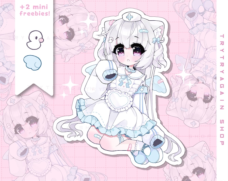 K&ouml;nnte beinhalten: Ein wei&szlig;er und blauer Anime-Aufkleber eines M&auml;dchens mit wei&szlig;en Haaren, das ein Krankenschwester-Outfit und ein wei&szlig;es Stirnband mit einem roten Kreuz tr&auml;gt. Der Aufkleber hat einen rosa Hintergrund und der Text "TRY TRY AGAIN SHOP" ist auf der rechten Seite des Bildes sichtbar.