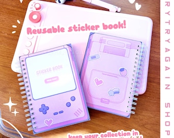 Aesthetic Reusable Sticker Book - A6 4.25 x 6” size - Gamer girl kawaii sticker collection 50 sheets - Reusable Stationery Sticker Storage