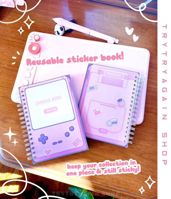 Aesthetic Reusable Sticker Book - A6 4.25 x 6” size - Gamer girl kawaii sticker collection 50 sheets - Reusable Stationery Sticker Storage
