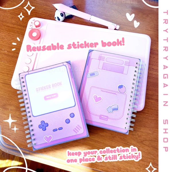 Aesthetic Reusable Sticker Book - A6 4.25 x 6” size - Gamer girl kawaii sticker collection 50 sheets - Reusable Stationery Sticker Storage