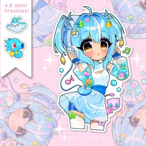 Op de afbeelding: Een sticker met een blauwharige anime-stijl karakter met een koptelefoon en bubble tea. Het karakter is omringd door muzieknoten en aquatische accessoires. Inclusief twee mini-goodies. De tekst "TRYTRYAGAIN SHOP" is zichtbaar.