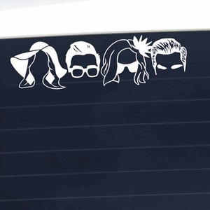 May include: White silhouette cutouts of four people's heads, two women and two men, with hair and facial features visible. The women are wearing hats.