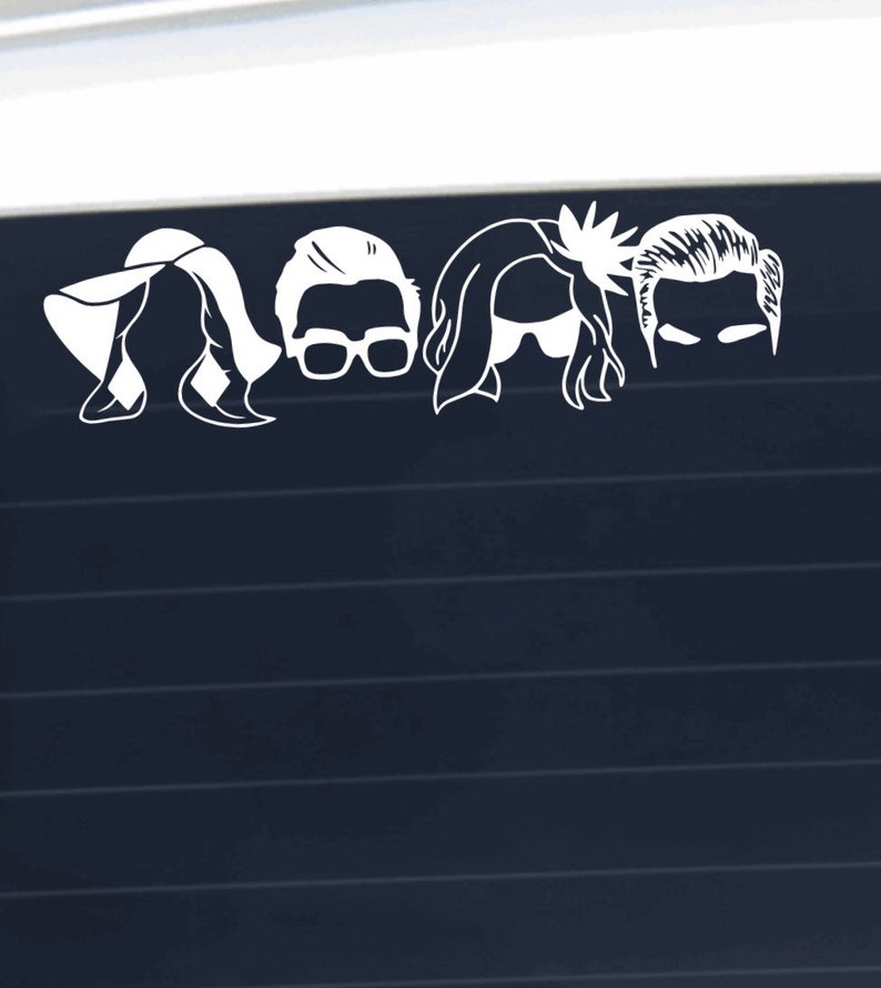 May include: White silhouette cutouts of four people's heads, two women and two men, with hair and facial features visible. The women are wearing hats.