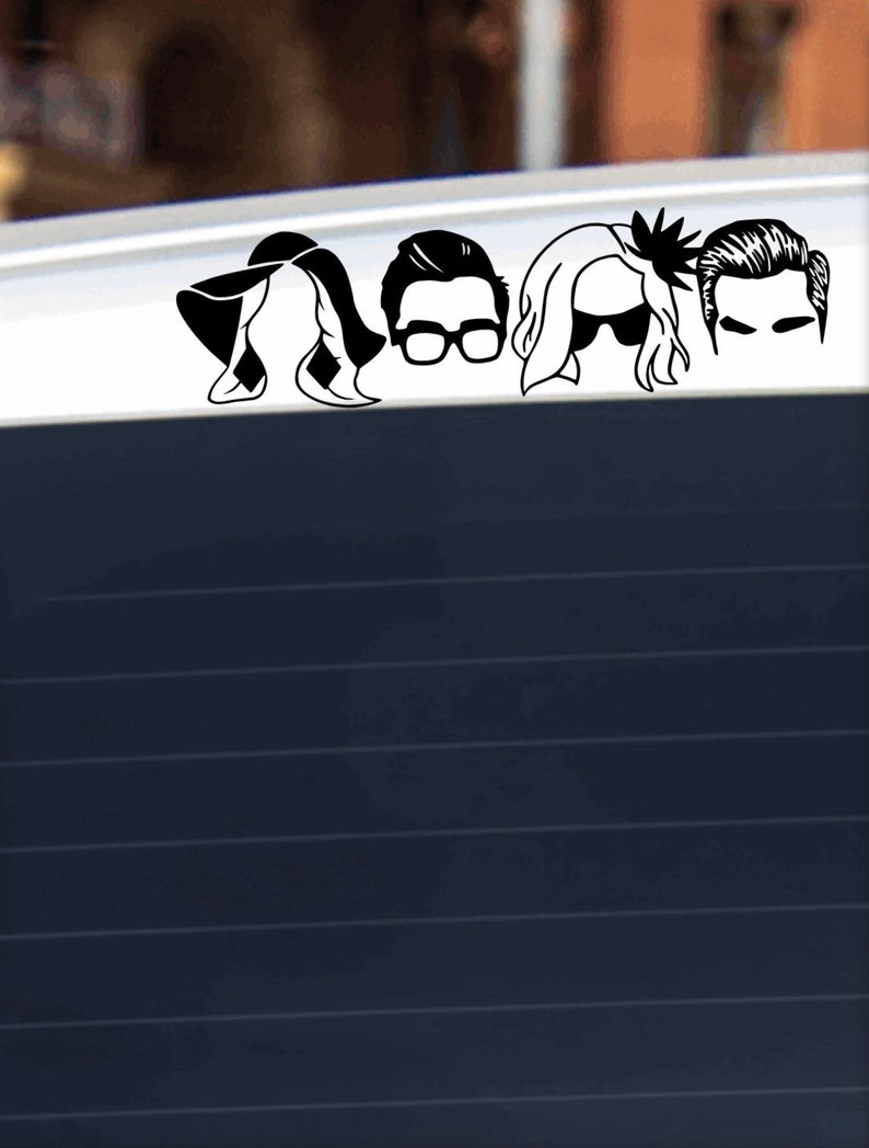 May include: Black and white silhouette sticker of four people with different hairstyles. The sticker is on the back window of a car.