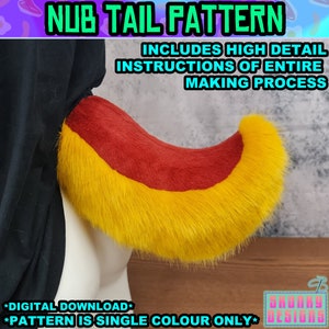 May include: A yellow and red faux fur nub tail pattern for crafting. The pattern includes instructions for making the tail. *DIGITAL DOWNLOAD* *PATTERN IS SINGLE COLOUR ONLY*