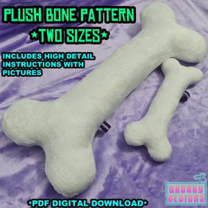 Puede incluir: Dos patrones de costura de hueso de peluche, uno grande y otro pequeño, con el texto "PLUSH BONE PATTERN *TWO SIZES* INCLUDES HIGH DETAIL INSTRUCTIONS WITH PICTURES *PDF DIGITAL DOWNLOAD*"